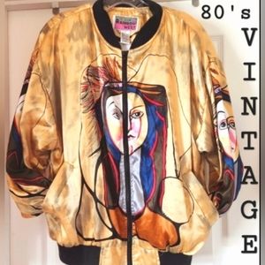 80s Gold Satin Oversized Bomber Artsy Hip Picasso Baseball Zip Up Pockets Jacket